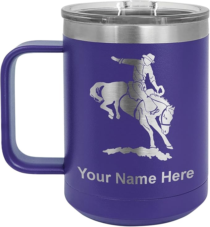 LaserGram 15oz Vacuum Insulated Coffee Mug, Bronco Rider, Personalized Engraving Included (Dark Purple)