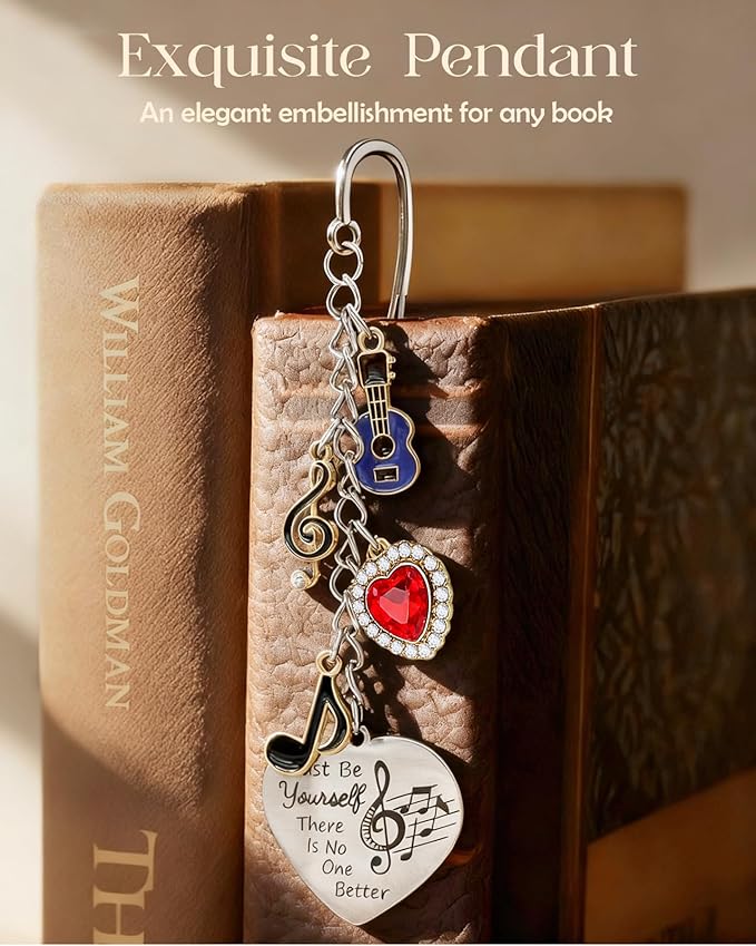 Buleens Bookmarks for Women Reading - Book Marks for Readers Book Lovers, Feather Music Guitar Purple Personalized Metal Bookmark with Pendants, Pretty and Aesthetic Book Accessories Reading Gifts