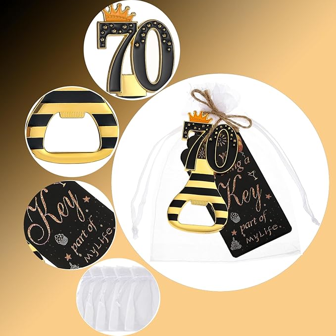 24pcs 70th Gold Keychain Bottle Opener 70th Birthday Party Favors, 70 Keychain Beer Bottle Opener Favors Anniversary Souvenirs Return Gifts for Guests Party Decor Supplies (black 70)