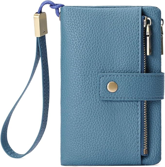 Practical Genuine Leather Wristlet Wallet for Women with Double Zipper Coin Purse and Card Organization (Blue)