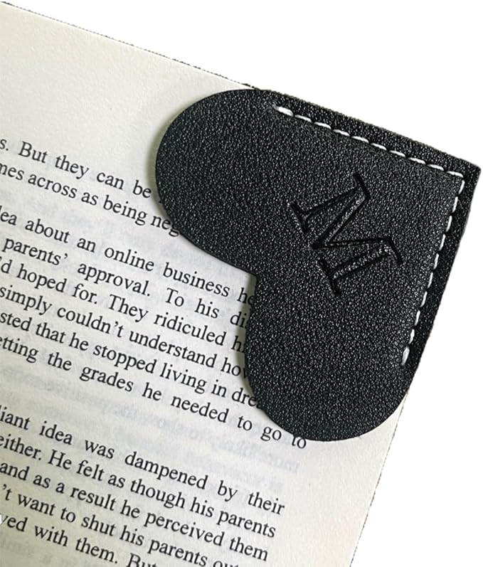 Personalized Leather Book Marks, Heart Bookmark, Unique Cute Handmade Letter Bookmarks Accessories for Reading Women, Teacher, Student, Book Lovers Book Mark Gifts (Black, M)