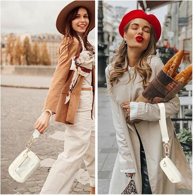 Wristlet Keychain Wallets for Women RFID Blocking Credit Card Holder Small Zipper Coin Purse Change Pouch with ID Window and Detachable Wrist Strap Beige