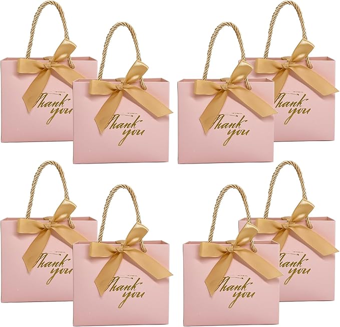 TKSBAG 50Pack Small Thank You Gift Bags With Handles-5.5''x 2.5''x4.7'' Mini Pink Gift Bags Bulk for Baby Shower, Birthday, Wedding, Party Favors