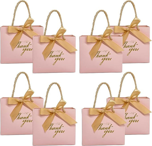 TKSBAG 50Pack Small Thank You Gift Bags With Handles-5.5''x 2.5''x4.7'' Mini Pink Gift Bags Bulk for Baby Shower, Birthday, Wedding, Party Favors