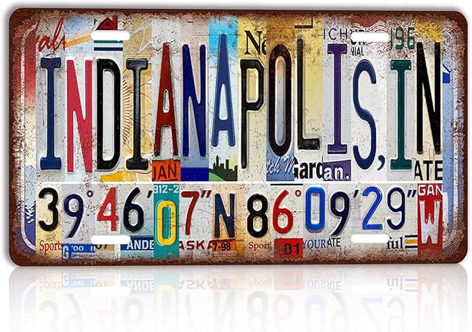 Vintage City License Plate Indianapolis,IN Wall Decor Metal Tin Sign for Bar Home Bedroom 12 x 6 Inches （Including latitude and longitude）