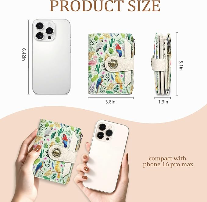 Flamingo Parrot Wallet Women Small RFID Blocking Bifold, Credit Card Holder, Zipper Coin Pocket, Cute, PU Leather, Compact, Travel, 14 Card Slots, Cash Purse, Ladies Woman Female Girls