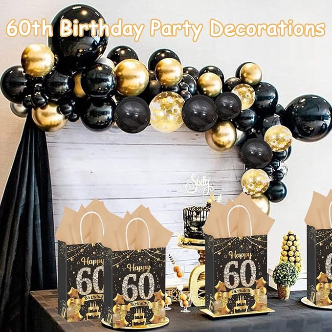 50Pcs 60th Birthday Party Favors Gift Bags Bulk, Black and Gold Happy 60th Gift Candy Wrap Bags with Tissue Paper, Vintage 60th Birthday Decorations Souvenir Bag for Men Women Anniversary Supplies (60th)