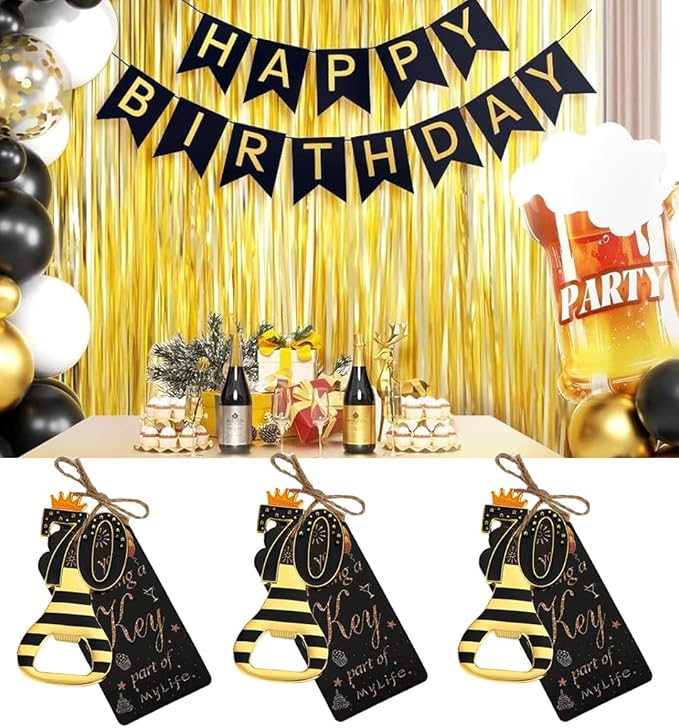 24pcs 70th Gold Keychain Bottle Opener 70th Birthday Party Favors, 70 Keychain Beer Bottle Opener Favors Anniversary Souvenirs Return Gifts for Guests Party Decor Supplies (black 70)