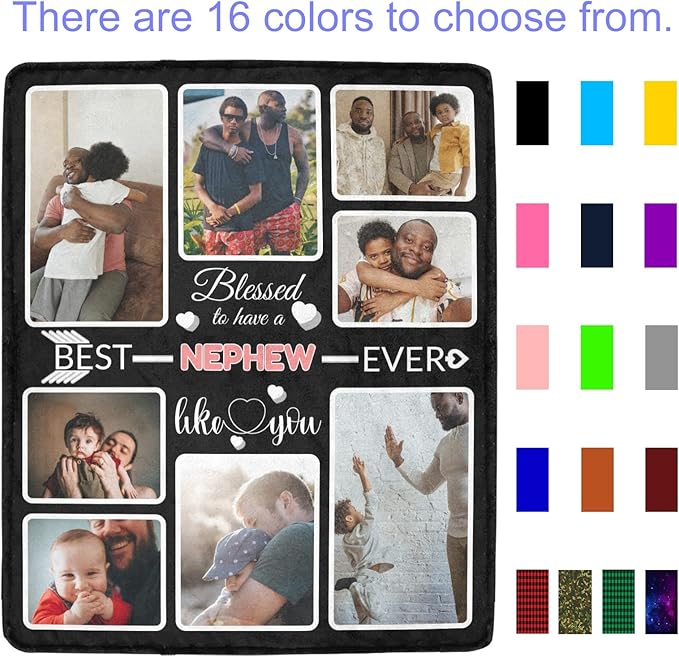 Custom Blanket Gifts for Nephew, Customized Blankets with Photos, Make a Personalized Bed Throws to My Nephew, Custom Souvenir Throw Blanket for Best Nephew Ever, 8 Collages Made in USA