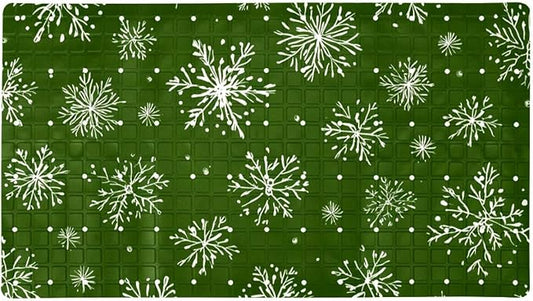 Bathtub Mats for Shower Tub, Christmas White Snowflakes Green Pattern Anti-Slip Bath Mats for Inside Tub, Bathroom Shower Mats with Drain Holes and Suction Cups