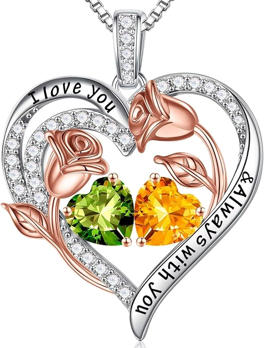 Iefil Valentines Day Gifts for Her - 925 Sterling Silver Rose Heart Birthstone Necklace Birthday Anniversary Jewelry Gifts for Her Wife Mom Daughter