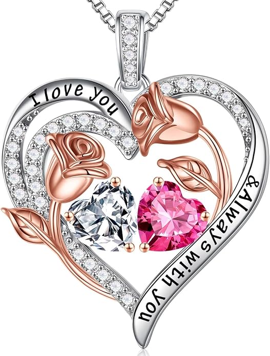 Iefil Valentines Day Gifts for Her - 925 Sterling Silver Rose Heart Birthstone Necklace Birthday Anniversary Jewelry Gifts for Her Wife Mom Daughter