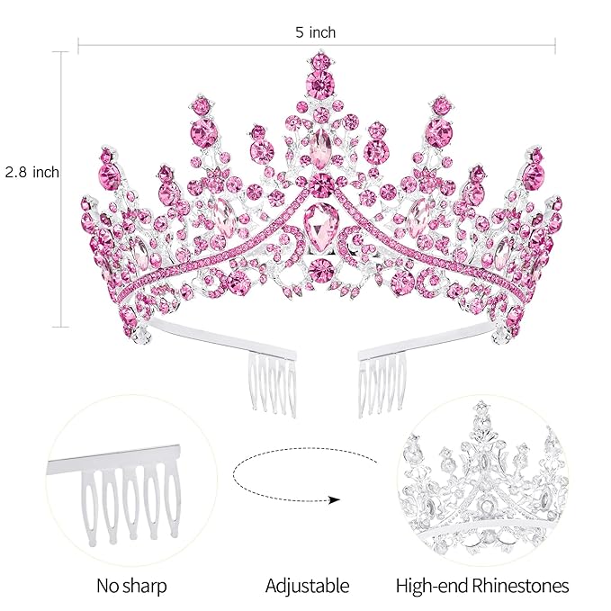 Velscrun Pink Crystal Birthday Tiara Crowns for Women Girls Elegant Princess Crown with Combs Birthday Girl Headband Sash Happy Birth Party Decorations Birth Gift Cake Topper Hair Accessories