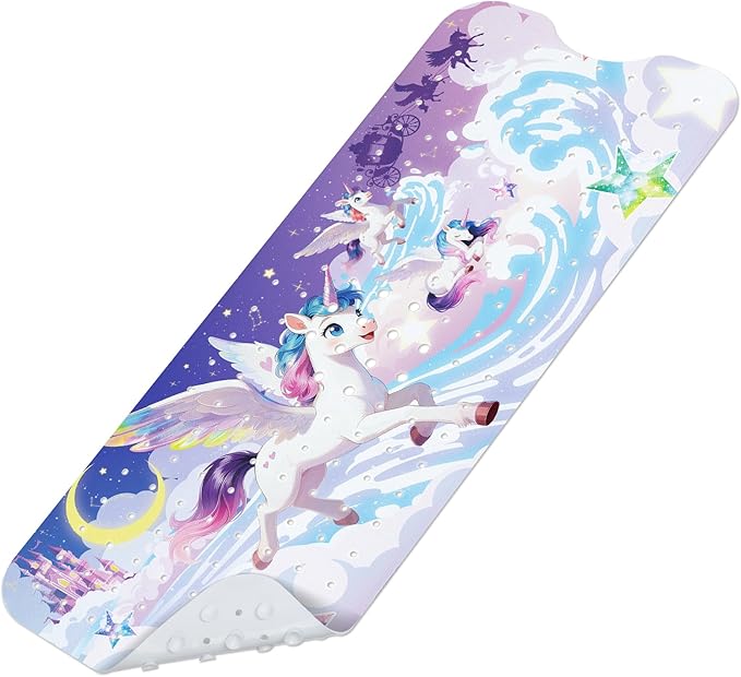 Baby Bath Mat for Tub, Non Slip Kids Bath Shower Mat, 40 X 16 Inch Large Bathtub Mat with Drain Holes and Suction Cups for Toddlers, Machine Washable and Waterproof (Unicorn)