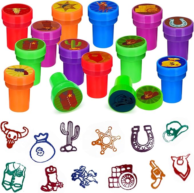Cinrobiye 24 Pcs Western Cowboy Party Stampers for Boys Girls,Wild West Birthday Party Supplies Favors, Classroom Rewards Carnival Prizes, Goodie Bag Fillers for Wild West Wooden House BarnParty