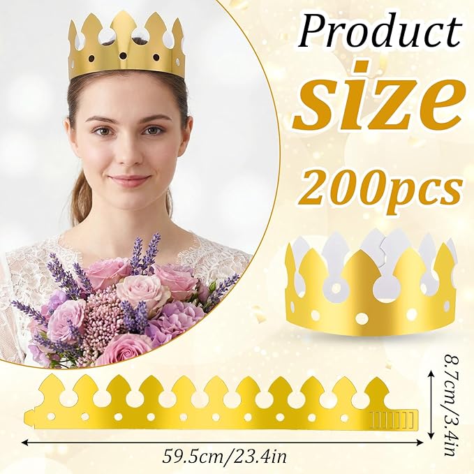 200pcs Gold Paper Crowns Bulk,Classic Style King Crown Princess Hats for Adults Birthday Celebration Party Supplies