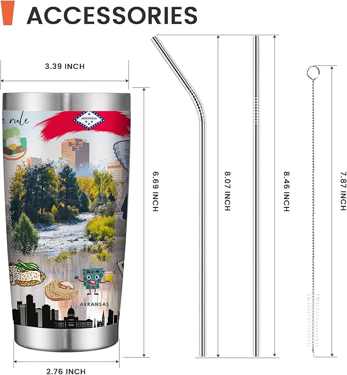 20oz Insulated Tumbler Arkansas State Coffee Mug, United States Map Travel Mug Landmark, Birthday Gifts Cute Custom Tumbler Cups with Lid and Straw Mothers Day Gifts