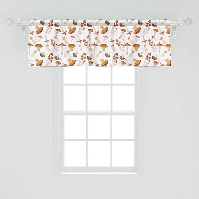 Ambesonne Autumn Window Valance Pack of 2, Colorful Mushroom Pattern Woodland Illustration Fall Season Romance, Rod Pocket Curtain Valances for Kitchen Bedroom, 54" X 18", Brown