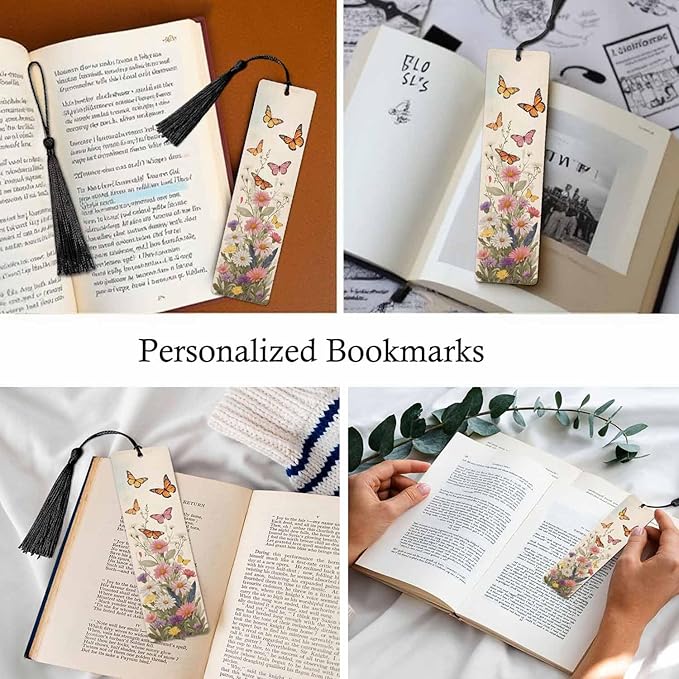 Butterflies Bookmarks 5 Pcs with Tassels Wildflower Summer Retro Pink Wooden Bookmarks for Reading Women Students Teacher Reader