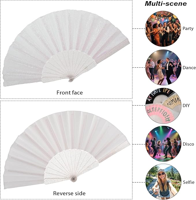 48 Pack Handheld Fan,Folding Hand Glitter fan with Shining Transparent Fan Rib – Ideal for Wedding, Church, Festival, Dance, Tea Party, Club, and EDM Accessories, White