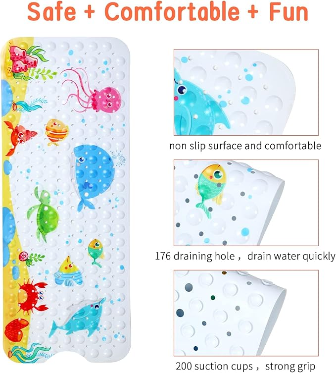 Bath Mat for Tub Non Slip, Machine Washable Anti Slip Cartoon Baby Bathtub Shower Mat with Drain Holes and Suction Cups for Toddler & Kids, 40 Inch x 16 Inch-Rectangular, Little Whale