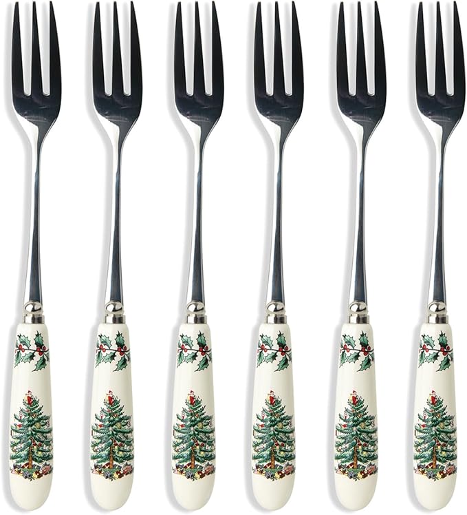 Spode Christmas Tree Pastry Forks (Set of 6), Stainless Steel Forks with Porcelain Handles for Holiday Meals, 6-Inch Festive Christmas Flatware - Seasonal Tableware & Silverware Gift Set