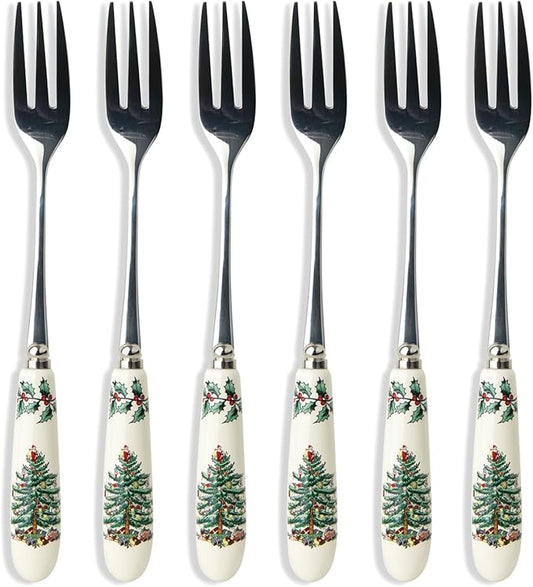 Spode Christmas Tree Pastry Forks (Set of 6), Stainless Steel Forks with Porcelain Handles for Holiday Meals, 6-Inch Festive Christmas Flatware - Seasonal Tableware & Silverware Gift Set