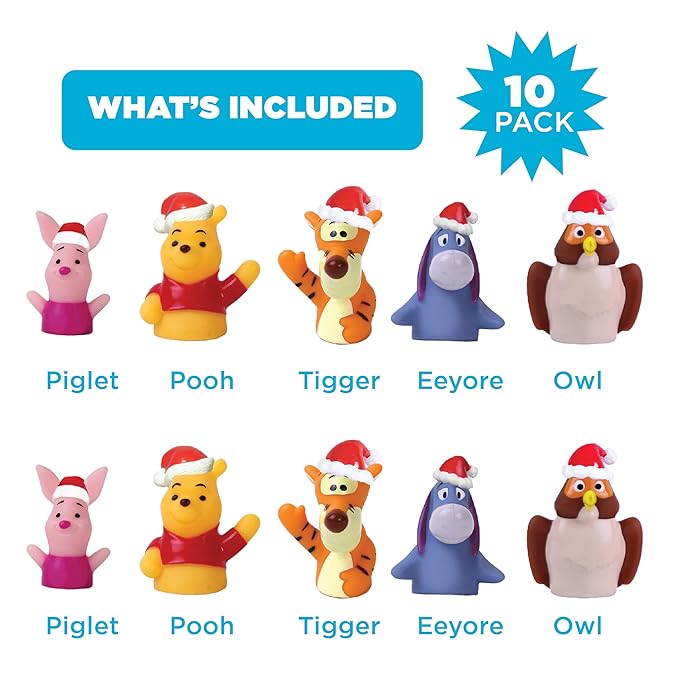 Disney Winnie The Pooh 10 Piece Holiday Finger Puppet Set - Educational Play, Party Favors, Bath and Pool Toys, Snow Fun, Playtime Activities