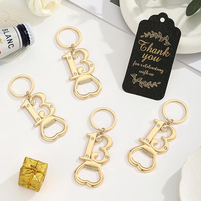 24 pcs 13th Gold Keychain Bottle Opener Birthday Party Favors for Guests,13th Beer Bottle Opener Favors Bulk for 13 Birthday Anniversary Souvenirs Party Decor Supplies (Gold 13th)