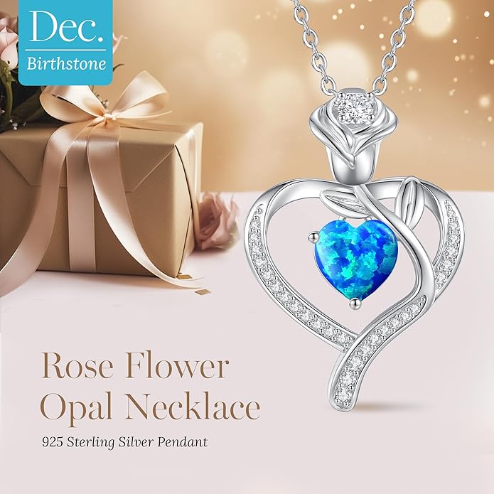 LOUISA SECRET Rose Flower Heart Birthstone Necklaces for Women, 925 Sterling Silver Fine Jewelry, Pendant Heart Necklaces Birthday Anniversary Christmas Gift for Women Wife Mom Girlfriend Lady