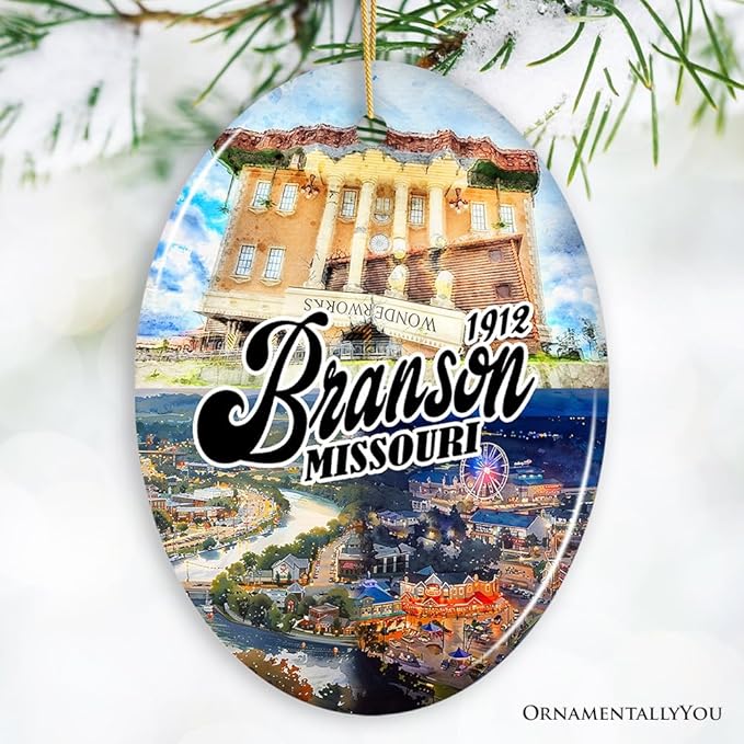 Culturally Vibrant Branson City Ceramic Ornament, Missouri Souvenir and Christmas Tree Decor (Oval)