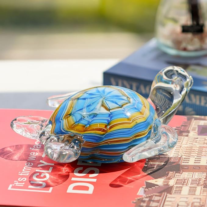 QFkris 6" Blown Glass Sea Turtle Figurine, Handmade Glass Sculpture, Home Decor, Birthdat Present