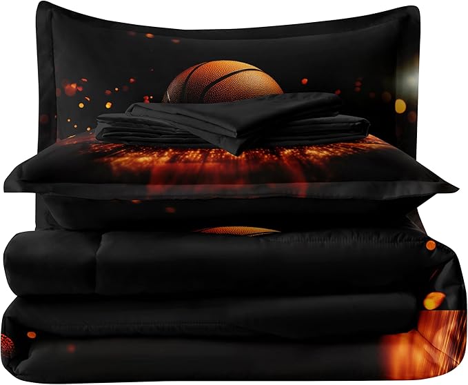 Helloosun 5PCS Basketball Bedding Full,Boys Sports Comforter Set,Full Basketball Comforter for Boys,Red and Black Court Bed Set
