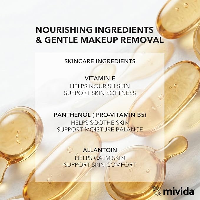 mivida 60 Count Individually Wrapped Makeup Remover Wipes With Vitamin E | Fragrance-Free, Alcohol-Free Hypoallergenic single make up removing wipes | Hotel Travel Size Toiletries
