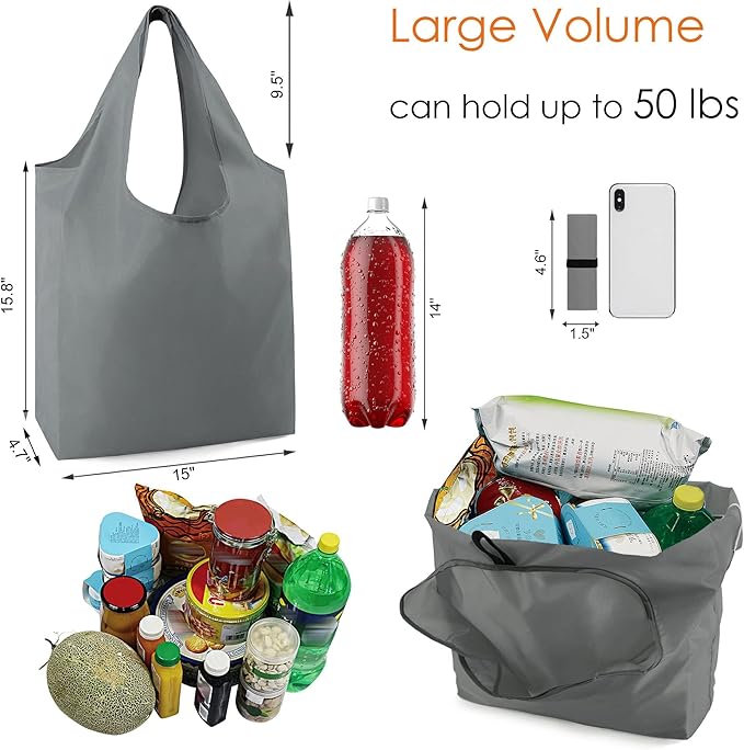 BeeGreen Grey Reusable Shopping Bags for Groceries 10 Pack Reusable Grocery Bags Washable 50LBS folding with Zipper Carry Pouch Tote Gift Bags Durable Polyester