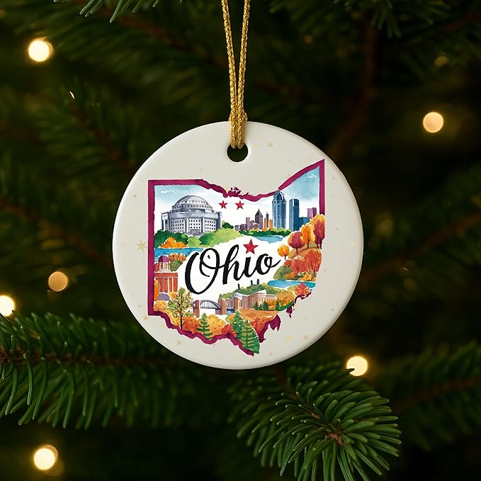 USA State Landmark Ceramic Ornament – Round Glossy Christmas Decoration Featuring U.S. State Art, Landmarks & Holiday Scenery – Collectible Travel Souvenir Ornament Series (Ohio)
