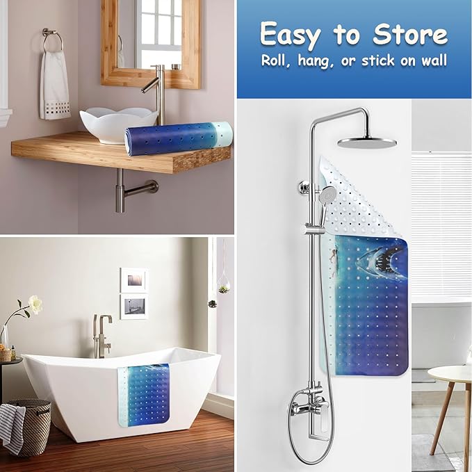 Bathtub Mat Non Slip, Shark Extra Long Bath tub Mat Shower Floor Mat with Suction Cups and Drain Holes for Adults Kids Elderly 40 X 16 Inch