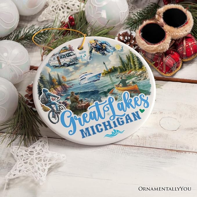 Artistic Great Lakes Michigan State Ornament, Ceramic Landscapes and Travel Souvenir and Gift (Version 2)