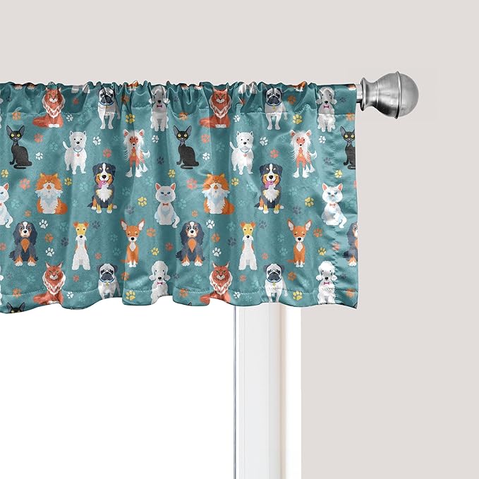 Ambesonne Animal Print Window Valance, Pet Lover Pattern Different Species of Cats and Dog Colorful Paw Prints, Curtain Valance for Kitchen Bedroom Decor with Rod Pocket, 42" x 18", White Teal