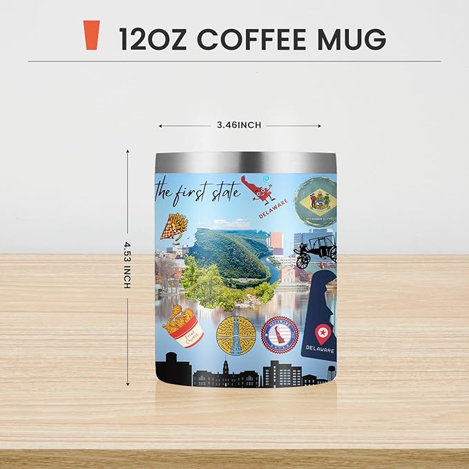 12oz Coffee Mug Delaware State Insulated Coffee Cups, United States Map Travel Mug Landmark, Birthday Gifts Cute Mugs with Lid and Straw Mothers Day Gifts