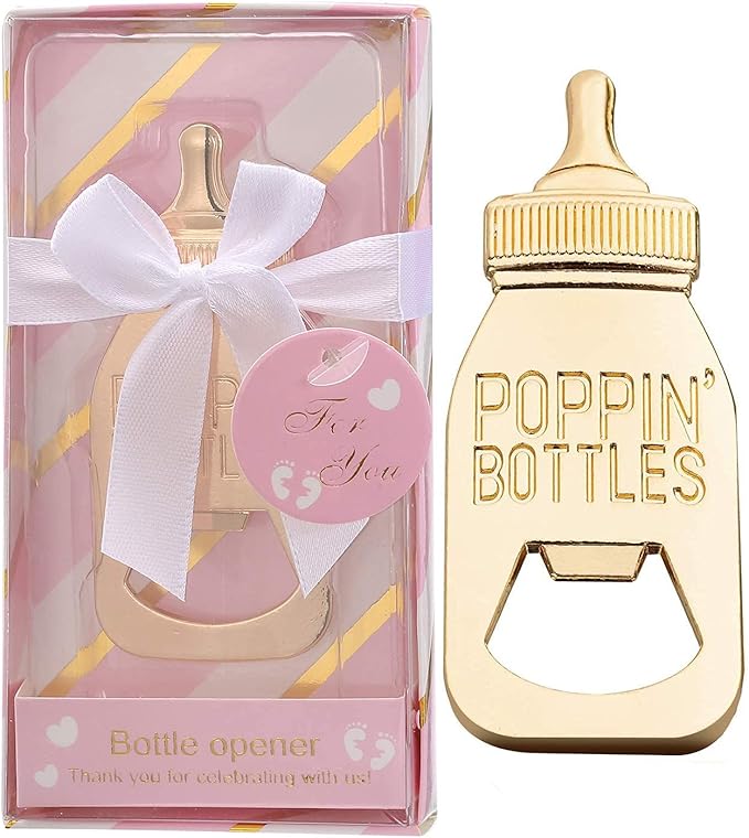 24 Pack Baby Shower Favors Bottle Opener Baby Shower Souvenirs Poppin Bottle Baby Birthday Party Giveaways,Baby Shower/Gender Reveal Party Supplies Decoration Gift (Pink, 24)