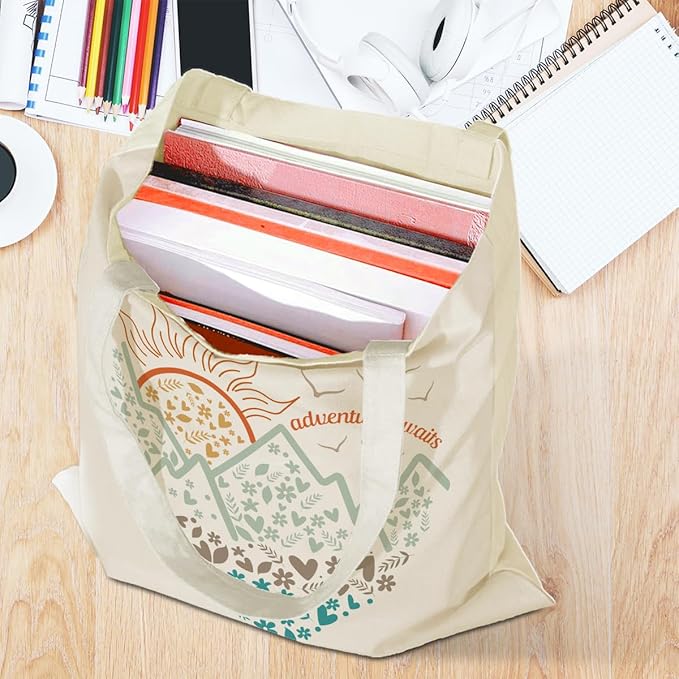 jeilink Cute Mountain Adventure Sunshine Canvas Tote Bag Camping Gifts Weekender Grocery Bags for Women Girls