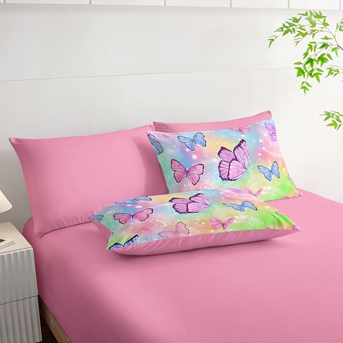 7Pcs Comforter Set Rainbow Butterfly Printed Bedding Set with 1 Comforter, 1 Flat Sheet, 1 Fitted Sheet and 4 Pillowcases for Boys and Girls Bedroom All Season(Queen)