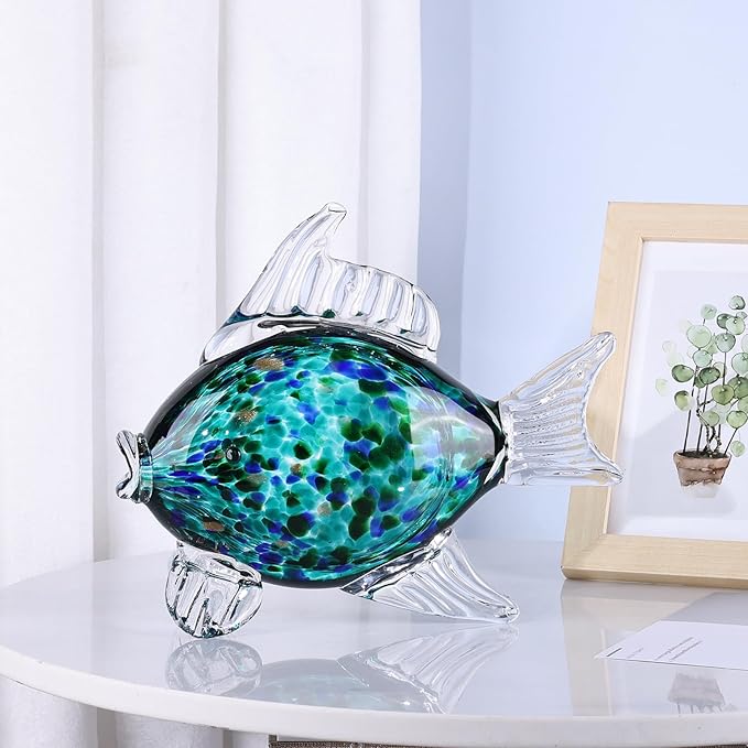 Large Glass Fish Figurine for Home Decor, Hand Blown Art Glass Ocean Animal Statue, Decorative Coastal and Beach Themed Sculpture for Table, Shelf, Bathroom, Living Room or Office