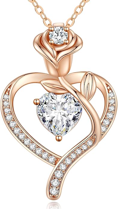 LOUISA SECRET Rose Flower Heart Birthstone Necklaces for Women, 925 Sterling Silver Fine Jewelry, Pendant Heart Necklaces Birthday Anniversary Christmas Gift for Women Wife Mom Girlfriend Lady