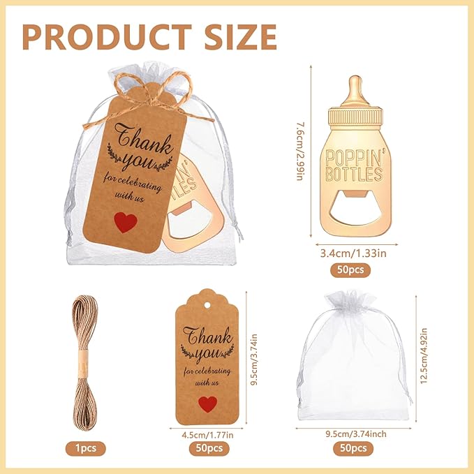50Pcs Popping Bottle Openers Baby Shower Party Favors For Guests Baby Shower Return Favors Baby Bottle Shaped Bottle Opener Baby Shower Souvenirs With Organza Bags Thank You Cards, small, Gold