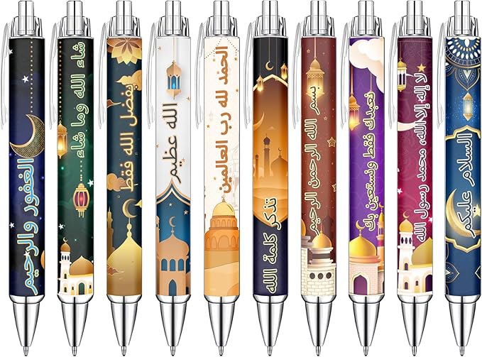 Idealmuzik Islamic Motivational Ballpoint Pens Set of 10 – Crescent Moon & Star Design with Inspirational Quotes – Smooth Black Ink Pens for Daily Use, Office, Home, and Eid/Ramadan Celebrations