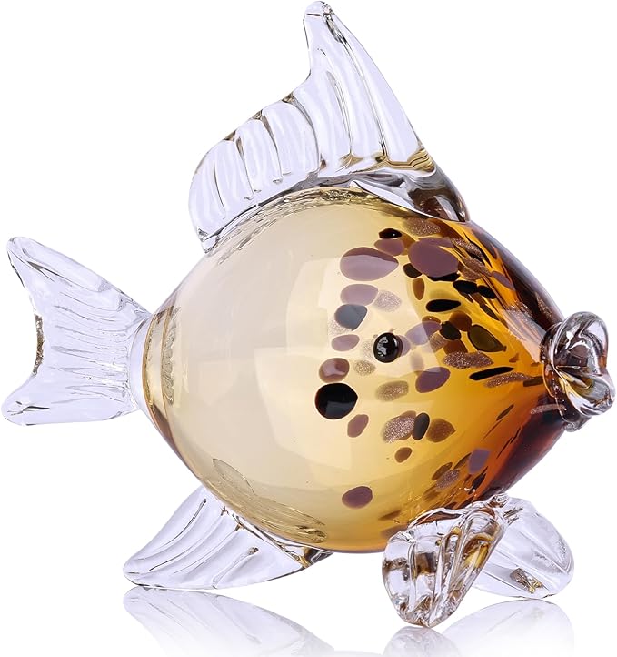 Amber Gold Blown Glass Fish Figurine – Handcrafted Art Glass Animal Sculpture, Ocean Coastal Home Decor, Elegant Ornament for Tabletop or Bookshelf Display (H)