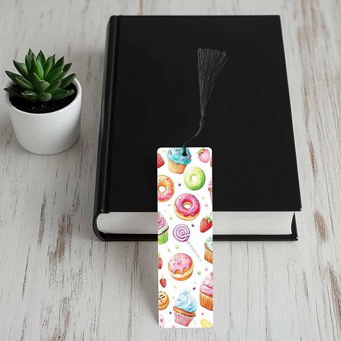 Donuts Bookmarks 5 Pcs Cupcakes Lollipop Strawberry Blueberry Wooden Bookmark with Tassels for Reading Book Lovers Gift Office School Readers Teacher