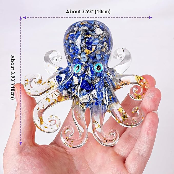 Natural Crystal Lapis Lazuli Gravel Octopus Resin Marine Animals Fish Tank Decorative Ornaments Statue Healing Crystal Home Decor Ladies Gift 3.93"